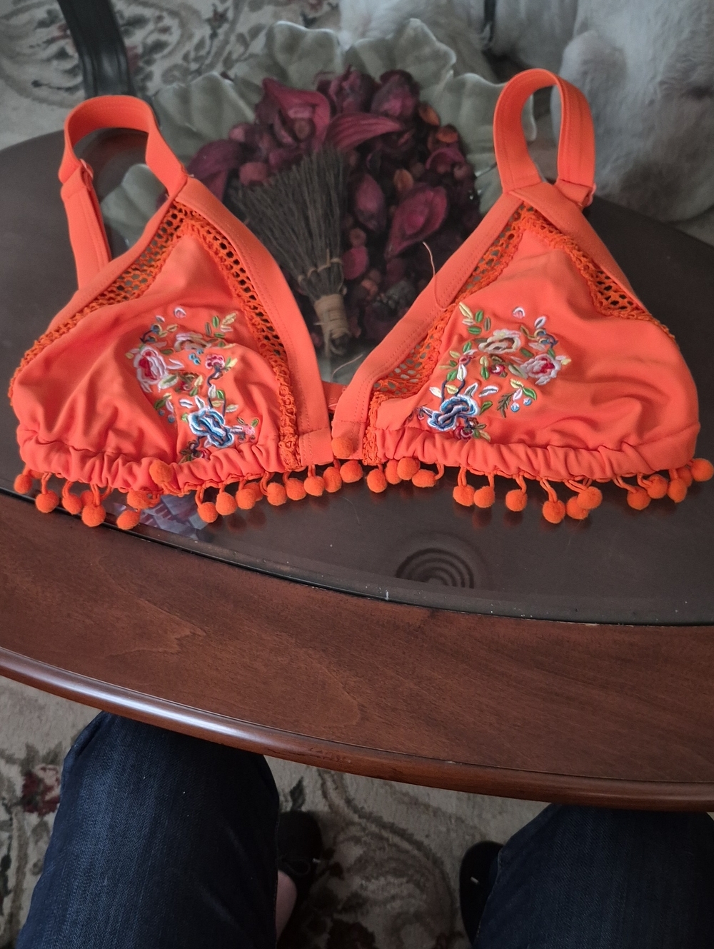 Orange Embroidered Pom-Pom